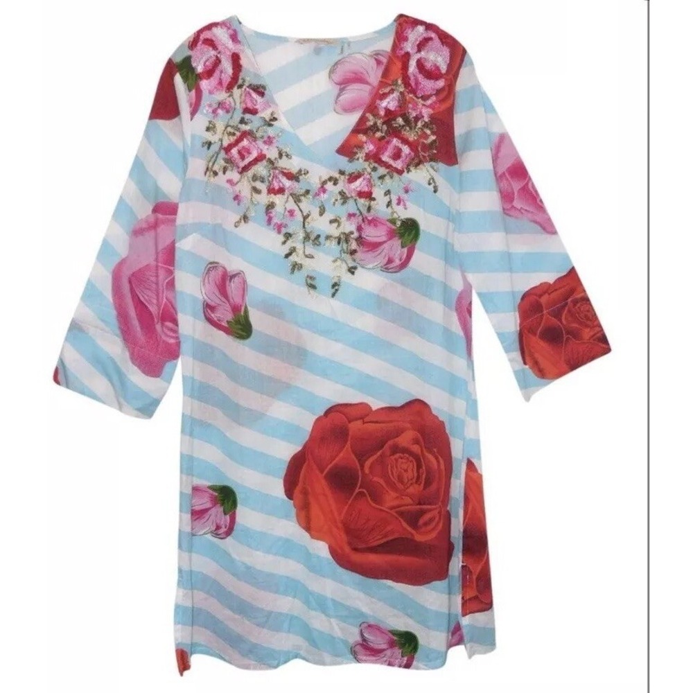 SOFT SURROUNDINGS embrodiered Neck Floral‎ Striped Coverup Small S